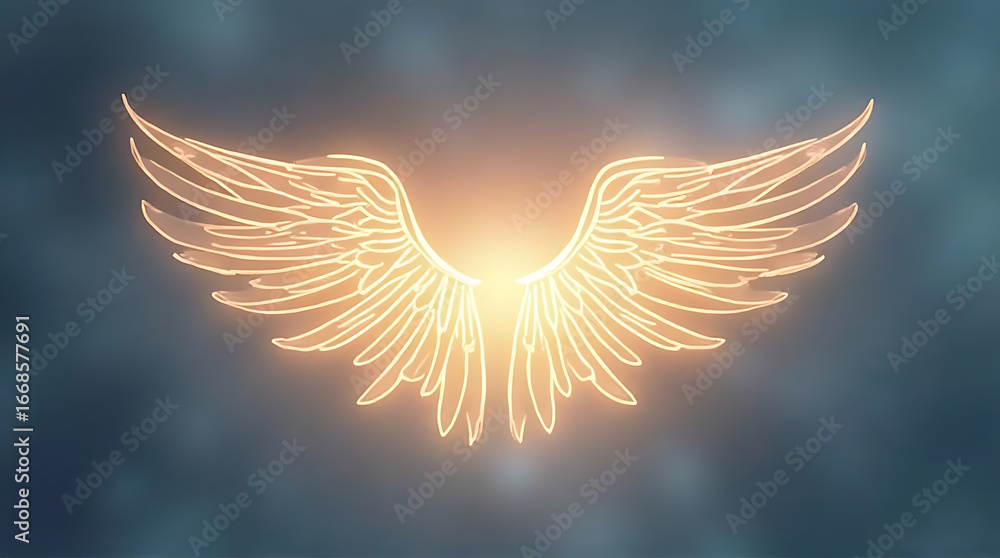 Obraz premium Glowing Neon Angel Wings Illustration with Bright Light in Dark Sky