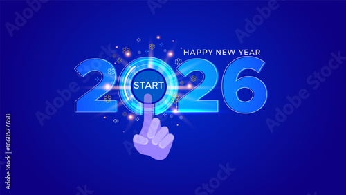 Happy new year 2026. Technology enable and fresh start concept. 2026 Number with button and hand finger on blue background.