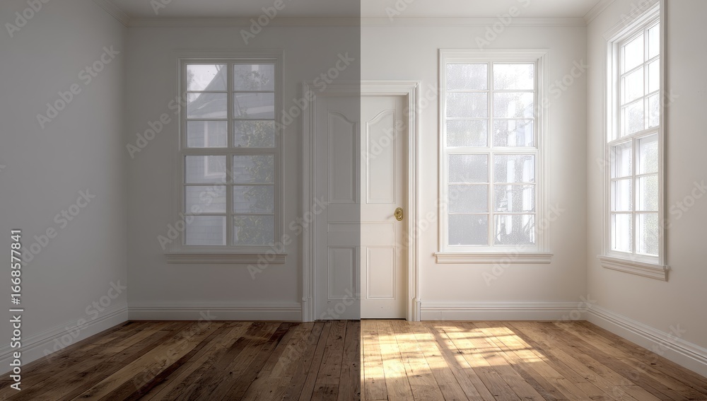 Fototapeta premium Empty room, split view, sunlight contrast