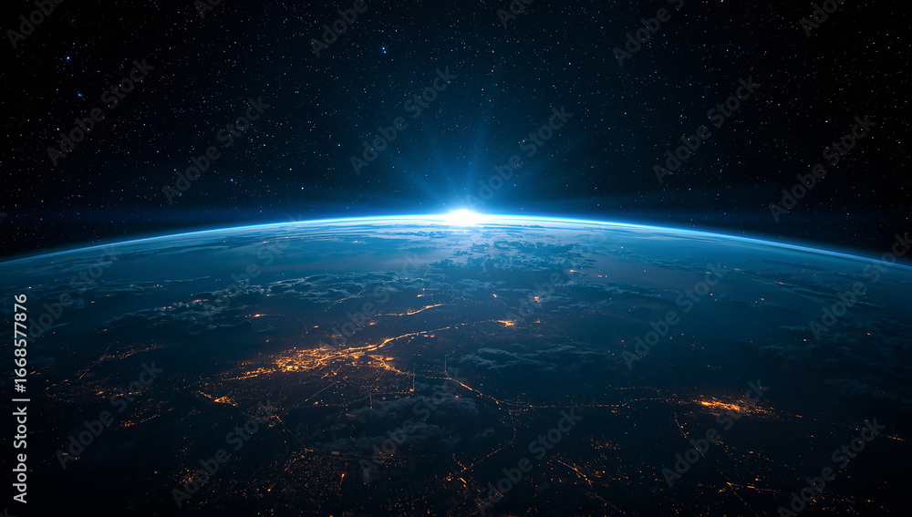 Fototapeta premium Planet Earth from Space with Sunrise on Horizon, Stunning View of City Lights and Atmosphere, Outer Space Exploration, Astronomy, Universe, Global Technology and Future Science Background