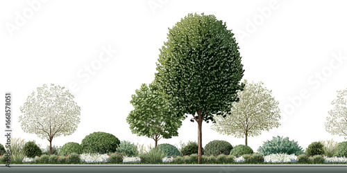 Four Green Trees – Vibrant Unique Trees in Horizontal Row, Isolated on White Background