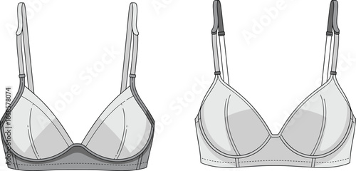 Flat vector illustration of women’s triangle bras with adjustable straps, seam details, and soft cups in front technical views.