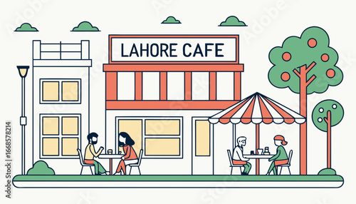 People are eating at summer terrace of restaurant. Guests are sitting at the tables outside Lahore cafe. Panorama of street facades and coffeehouse patio with customers. Flat vector illustration