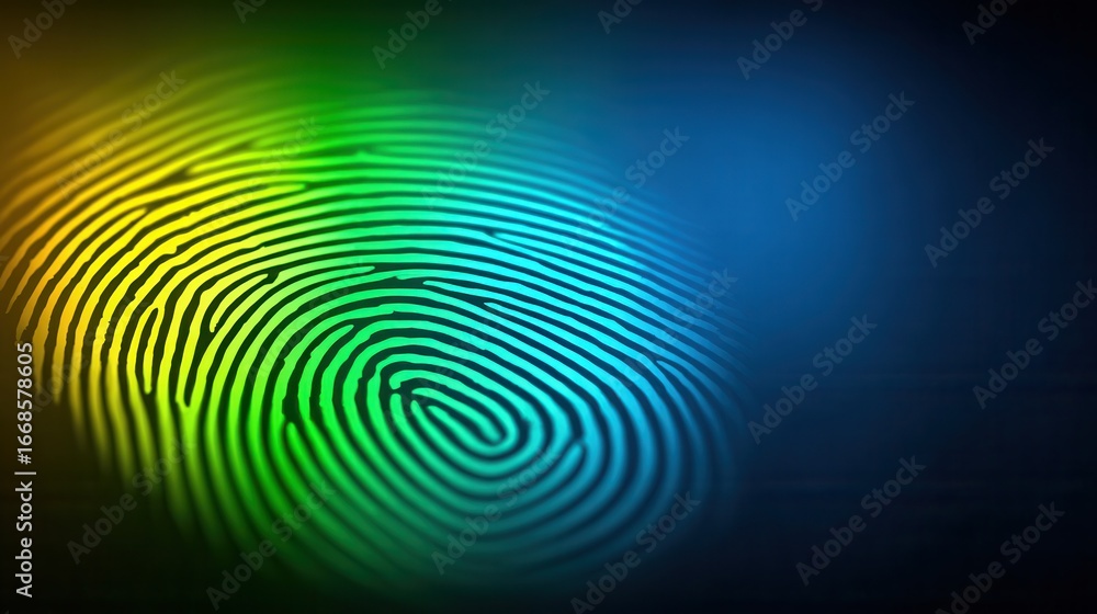 Obraz premium An abstract representation of a colorful fingerprint on a dark background, symbolizing security, identity, and technology.
