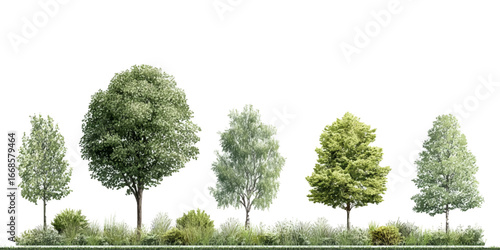 Isolated Big Tropical Trees – Group of Seven Trees on White Background for Design, Advertising, and Architectural texture vector design on transparent background.