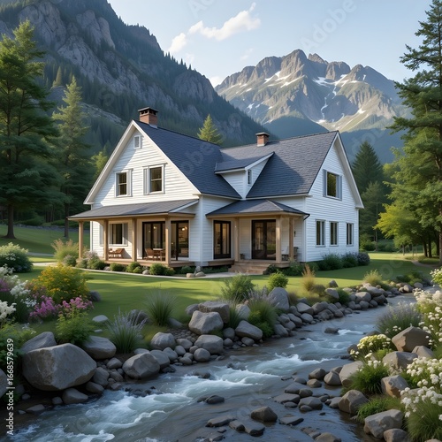 Rustic Modern Farmhouse Exterior with Lush Green Landscape