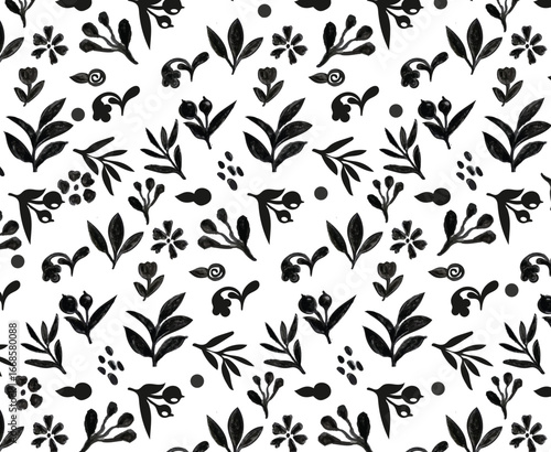  Black floral pattern with beige background. Seamless pattern with florals for fabric, textiles, clothing, wrapping paper. Vector illustration