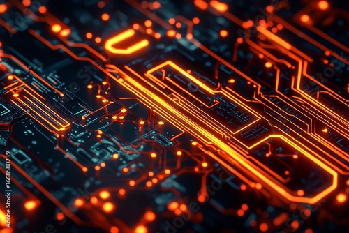 Glowing orange circuit board technology innovation design futuristic cyber network connection processing power computing