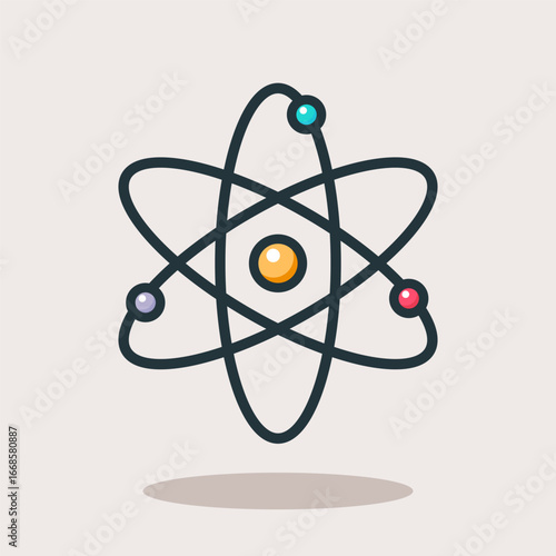 Atom icon flat vector illustration for science physics chemistry research, education technology study knowledge symbol