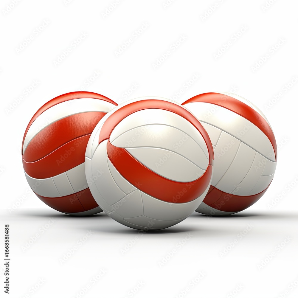 Fototapeta premium Three Striped Balls in a Group on a White Background, Sport Equipment, Team Game, Leisure
