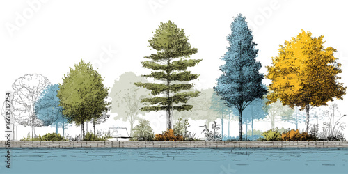 Fagus Sylvatica Trees – Isolated Cutouts in 3 Models, Watercolor Green Trees, Daylight Summer Season, Landscape and Architectural Design Elements texture vector design on transparent background.