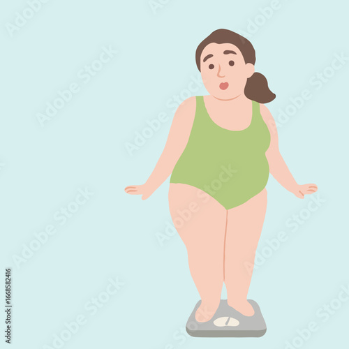 Plus-size woman weighing herself on scale in light blue background  