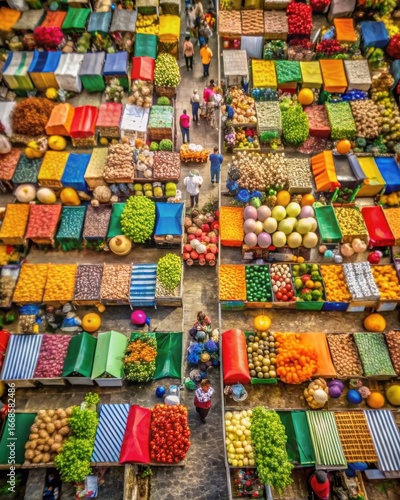 Photo of aerial view of a bustling outdoor market filled with stalls overflowing with a diverse array of fresh fruits, vegetables, and spices, showcasing a vibrant local culture and commerce