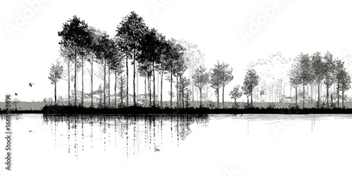 Minimal CAD Tree Line Drawings – Architectural Forest and Wetland Section, Side View, Vector Outline Symbols, Landscape Design Elements texture vector design on transparent background.