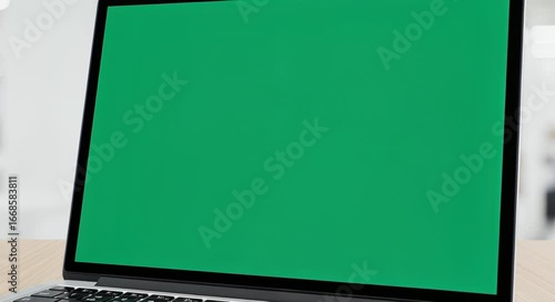 A modern laptop computer shows a vivid green screen display on a simple desk, ready for digital content addition.