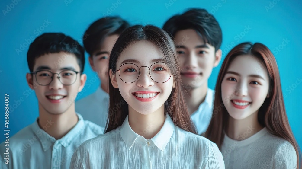 Fototapeta premium A group of five young people standing in front of a blue background, all wearing glasses and smiling.