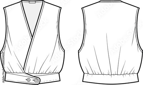 Front and back flat sketch of women’s sleeveless belted vest top with V-neck and pleated waist for fashion design.