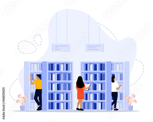 People in a library browsing bookshelves and reading books