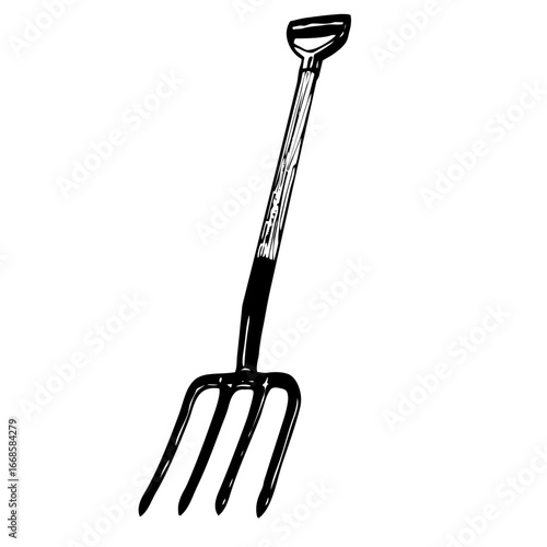 Hand-drawn vector illustration of a digging fork, an agricultural and gardening tool for turning and aerating soil in the yard