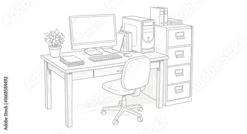 A detailed sketched illustration of an office desk setup with computer