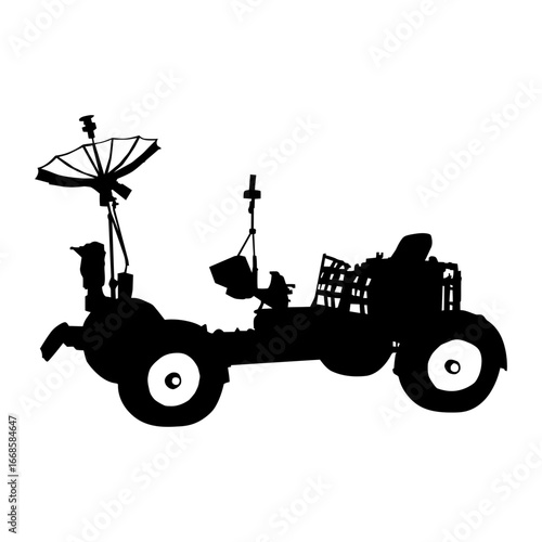 
A silhouette illustration of a moon rover, a space exploration vehicle with a satellite dish, against a white background