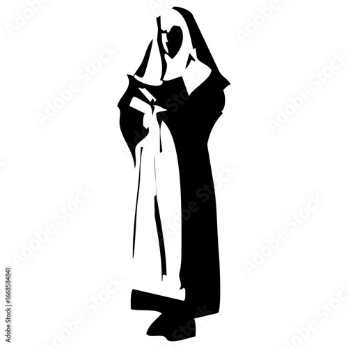 Black and white silhouette vector of a nun holding a book, representing spirituality, faith, and religious life