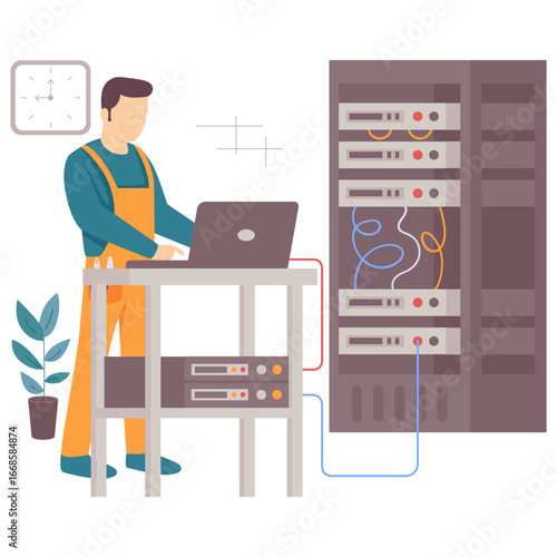 network engineer checking server cabinet current concept, Staff diagnosing the problem vector design, Electrician Profession banner, Low Voltage Power Supply scene, Handyman repairman illustration