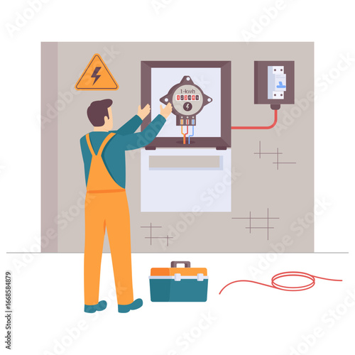 Technician Inspecting Electrical Meter concept, engineer install current measuring device vector design, Electrician Profession banner,High Voltage Power Supply scene, Handyman repairman illustration