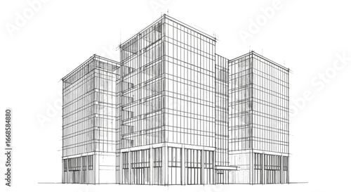 Architectural hand-drawn sketch of a modern office building complex