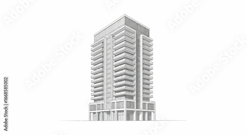 Architectural rendering of modern skyscraper with cantilevered balconies