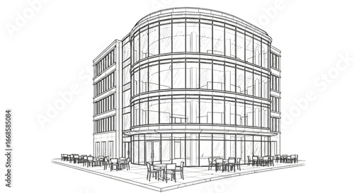 Architectural sketch of a modern office building with outdoor seating area