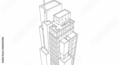 Architectural sketch of a modern skyscraper against a bright backdrop