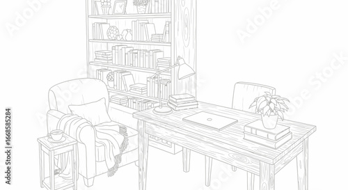 Comfortable study area with a bookshelf and a relaxed seating arrangement