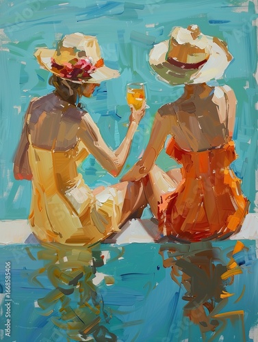 Summer has begun. Girls are sitting by the pool and drinking cocktails.