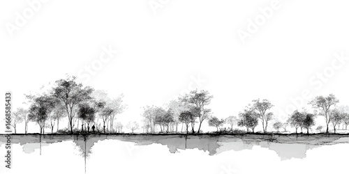 Architectural Drawings, Minimal style cad tree with roots line drawing and Tree Grunge vector, view, set of section wetland forest outline for landscape design drawing. 