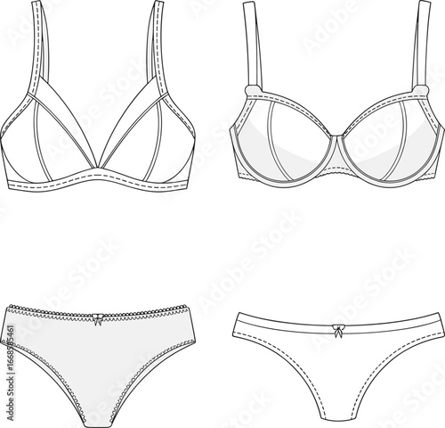 Women's Lingerie Set Fashion Technical Flat Sketch Vector with Bra and Panty Design Front View for Apparel Designers