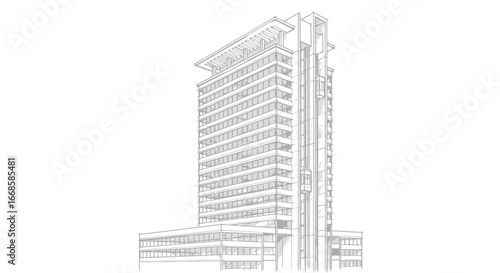 Detailed architectural drawing depicting a modern high-rise building