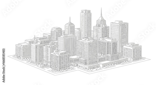 Detailed Architectural Illustration of a Modern Cityscape with Tall Buildings