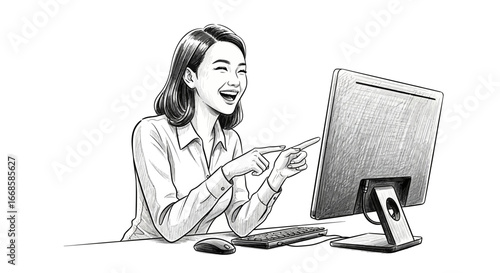 Dynamic illustration of an enthusiastic young woman using a computer