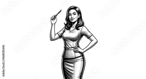 Elegant black and white illustration of a professional woman with pen