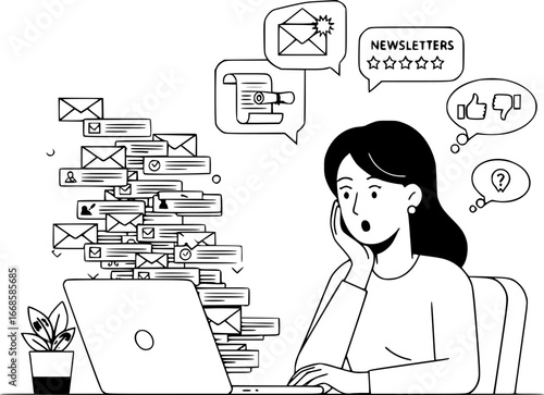 Woman working on laptop with email overload and surprised to receive so many new messages. Newsletter and customer feedback concept. Flat vector illustration