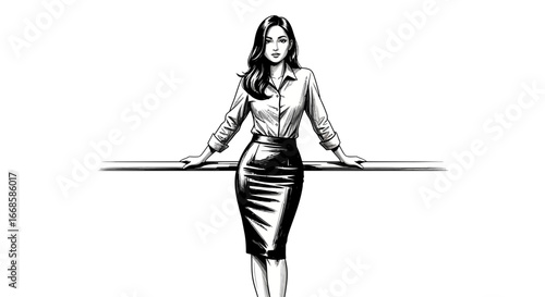Elegant woman in professional attire, standing confidently in black and white