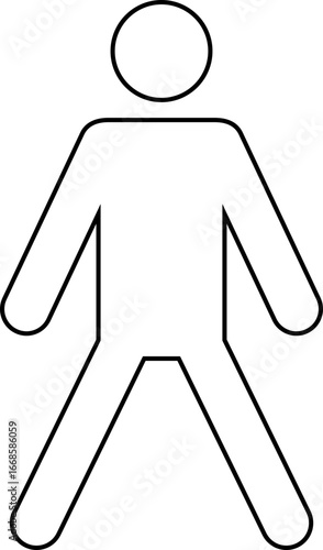 Black outline pictogram, with no fill, of a man with two arms stretched out to the sides and two legs wide open