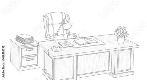 Executive office setup sketch with desk, chair, lamp, and organizational elements
