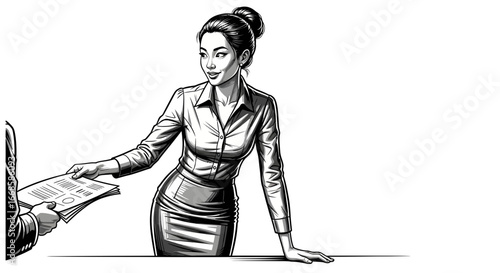 Formal Illustration of a Businesswoman Receiving Documents in Monochrome