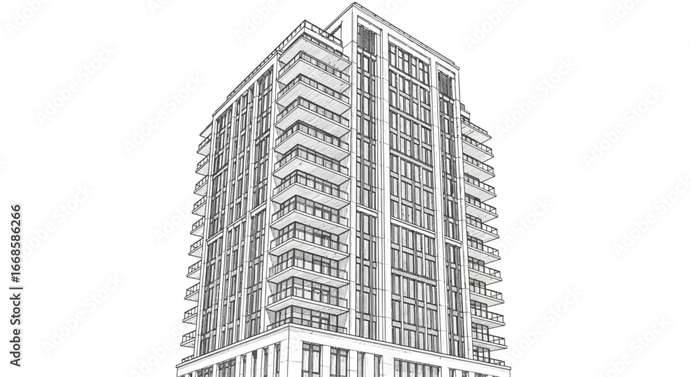 Fototapeta premium High-Rise Architectural Illustration with Balconies and Facade