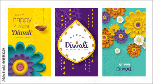 Set of Diwali Greeting cards with beautiful flowers
