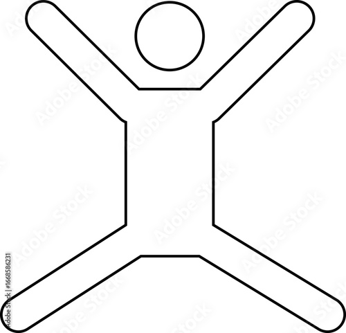 Black outline pictogram, with no fill, of a man with arms and legs spread wide