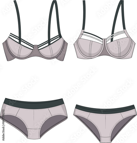 Vector illustration of women's lingerie set with bra and panties in soft pink, front and back views, fashion design template.