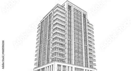 High-Rise Architectural Illustration with Balconies and Facade